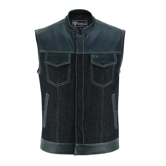 Men's Denim Leather Vest with White Stitching - Picture 2 of 7